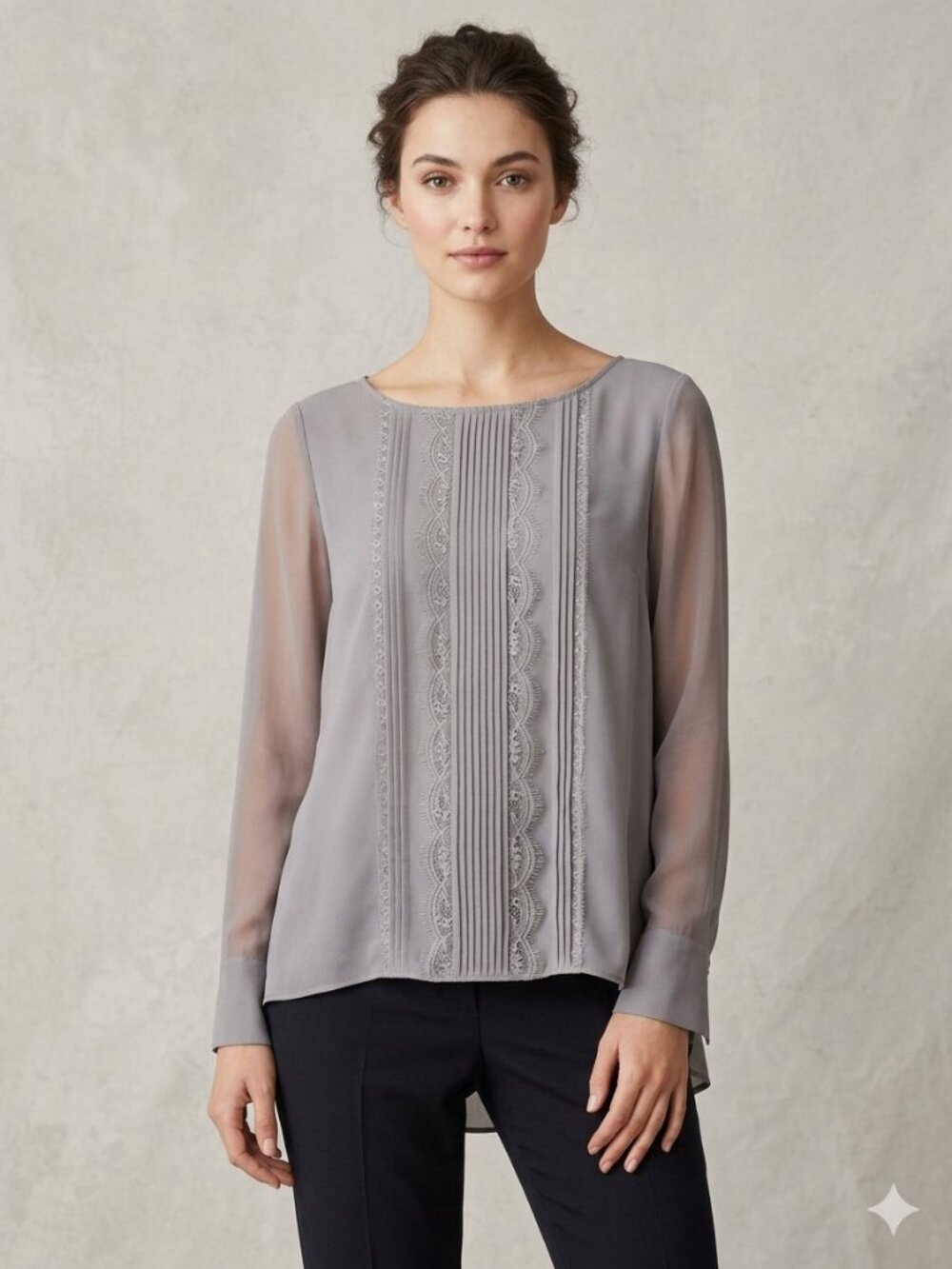 WHBM Gray Pleated Lace Trim Split Back Blouse 6